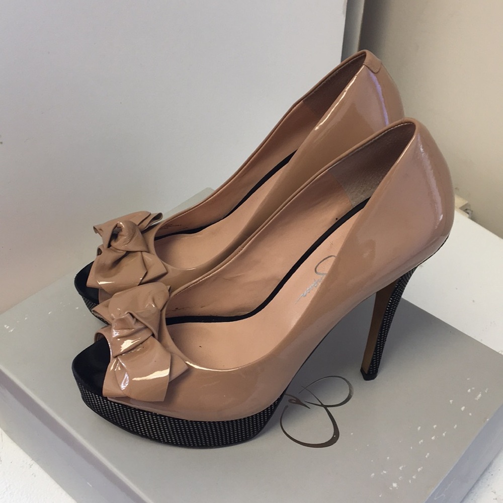 Beige and black (w/ silver detail) platform pumps